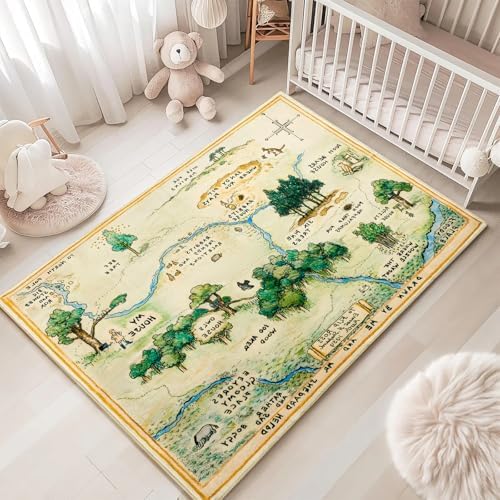 Estmy 8x10 Washable Nursery Rug, Cute Woodland Kids Play Mat for Girls Boys Neutral Soft Crawling Play Mat for Classroom Children Toddlers Bedroom Stain Resistant Easy to Clean, 100 Acre Wood Map Rug by Estmy