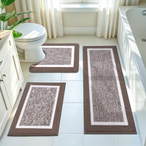Pauwer Bathroom Rugs 3 Piece Set, Non Slip Washable Bath Mat, Coffee by Pauwer