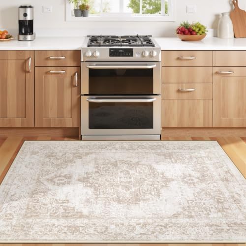 Area Rug 3x5 Vintage Rug: Washable Indoor Medallion Rug Low Pile Distressed Floor Carpet Retro Accent Doormat for Bedroom Bathroom Hallway Kitchen Home Office(Beige, 3'x5') - Image 3