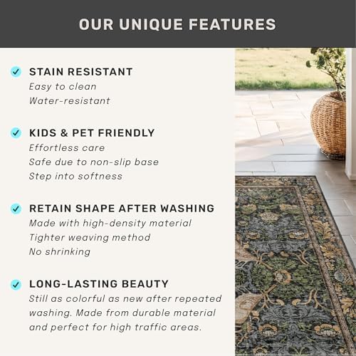 Hazo Haus Vintage 5ft Round Rug for Reading Corner, Bedroom, Farmhouse Dining Room, Soft Ultra-Thin Non-Slip Washable Rug, Forest Green Bird Floral Décor for Kitchen & Nursery - Image 6
