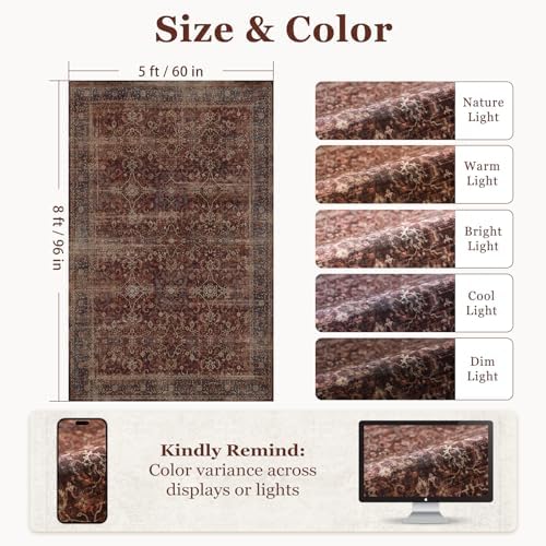 Brick Red 5x8 Washable Rug, Vintage Distressed Area Rugs for Living Room Bedroom Non Slip, Low Pile Thin Carpet Rug for Dining Room/Kitchen/Home Office/Den, Earth Tone Rustic Brick Color - Image 2