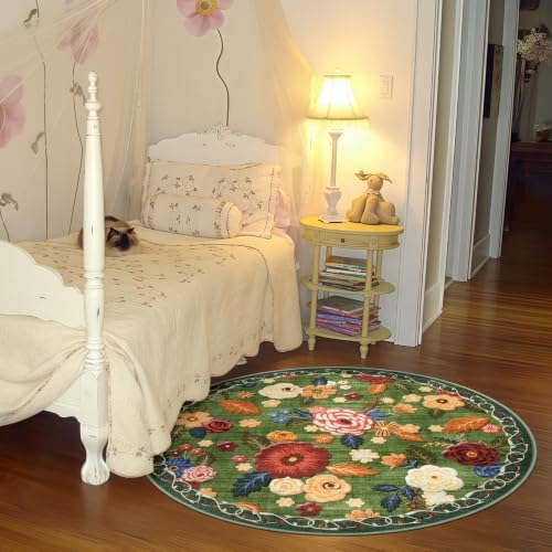 Washable 4ft Round Area Rug, Green Boho Floral Non-Slip for Bedroom Kitchen - Image 3