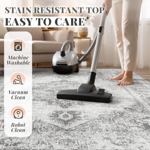 Area Rug 4x6 Vintage Rugs: Washable Indoor Medallion Rug Low Pile Distressed Floor Carpet Retro Accent Rugs for Living Room Bedroom Kitchen Dining Table Home Office(Grey, 4'x6') - Image 6