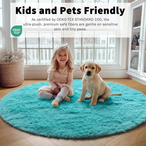 Teal Blue Fluffy Round Rug Circle Area Rugs 4ft for Kids Girls Boys Bedroom - Image 5