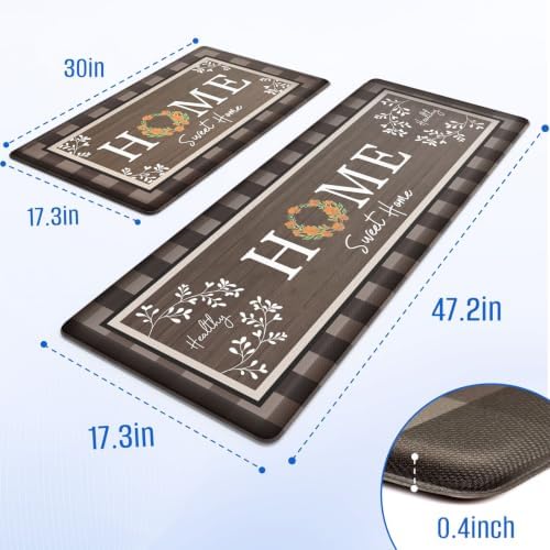 Kitchen Mats 2PCS, Anti Fatigue Rugs, 17.3x30+17.3x47.2in,Brown - Image 2
