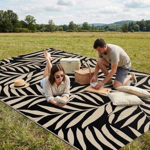 Smiry Outdoor Rug 5x8 ft Waterproof Reversible Leaf Mat, Black & Beige - Image 4