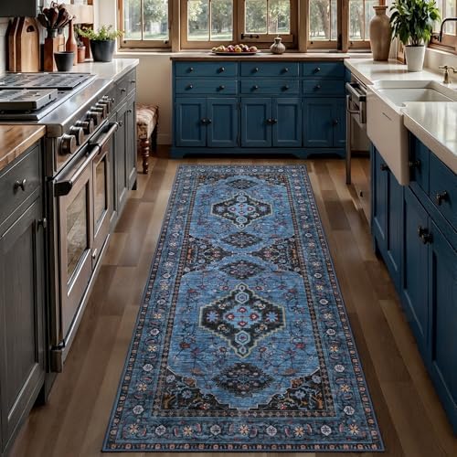 Tangsoo Blue 2.6x10 Washable Hallway Runner Rug,Vintage Non Slip Runner Rug - Image 2