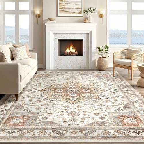 Vintage Living Room Area Rug 8x11 - Large Soft Washable Oriental Traditional Distressed Farmhouse Rugs for Bedroom - Indoor Floor Accent Carpet for Home Office House Decor - Orange - Image 5