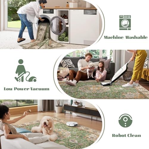 Area Rug 6x9 Washable Rug, Vintage Boho Medallion Rugs Non-Slip Soft Low Pile Large Distressed Rug Indoor Retro Carpet for Living Room Bedroom Dining Room Home Office (Vintage Green, 6'x9') - Image 5