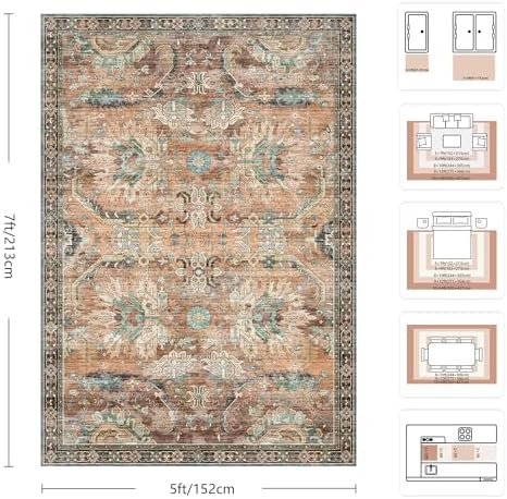5x7 Area Rugs, Vintage Retro Soft Washable Rug, Non-Slip Low Pile Rugs for Living Room, Bedroom, Dining Room, Stain Resistant Home Decor Rug (Vintage Orange/Brick) - Image 2
