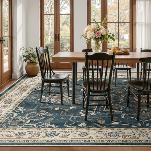 Large 10x14 Area Rugs, Washable Non Slip Big Rug for Living Room Bedroom, Distressed Medallion Vintage Big Carpet Rugs for Dinig Room Family Rooms, Low Pile Thin, Deep Blue/Multi - Image 4