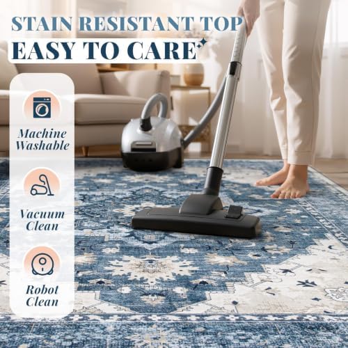 Area Rug 9x12 Vintage Rug: Large Washable Indoor Medallion Rugs Low Pile Distressed Floor Carpet Retro Accent Rug for Living Room Bedroom Kitchen Dining Table Home Office(Blue, 9'x12') - Image 6