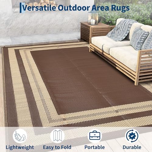 GAOMON Waterproof Plastic Straw Rug 9x12 Outdoor Rug for Patios Modern Bordered Lightweight Carpet Reversible Mat for Backyard Pool Deck Picnic Patio Porch RV Beach Trailer Camping Border-Brown/Beige - Image 5