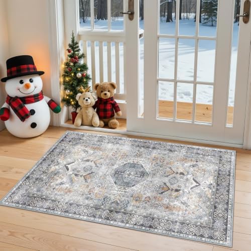 Washable Entryway Area Rug 2x3 - Small Doormat Vintage Distressed Rugs Oriental Non-Slip Stain Resistant Carpet Soft Thin Non-Shedding Indoor Floor Mat for Bedroom Bathroom Kitchen (Grey/Blue,2x3) - Image 4
