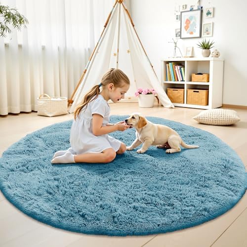 OLANLY Slate Blue Round Rugs for Bedroom - Machine Washable, 5 ft Circle Area Rugs for Living Room, Soft and Fluffy Shaggy Carpet for Teen Girl and Boys, Nursery Rooms, Dorms, Home Decor Aesthetic - Image 2