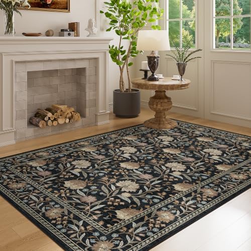 DUKINO 4x6 Area Rug, Washable Vintage Floral Rug for Living Room, Black - Image 5