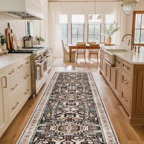 Washable Kitchen Runner Rug 2'6''x12' - Non-Slip Hallway Entryway Rugs with Rubber Backing Soft Thin Carpet for Bathroom Vintage Stain Resistant Indoor Home Decor Mat for Bedroom (Black, 2'6'' x 12') by RUUGME