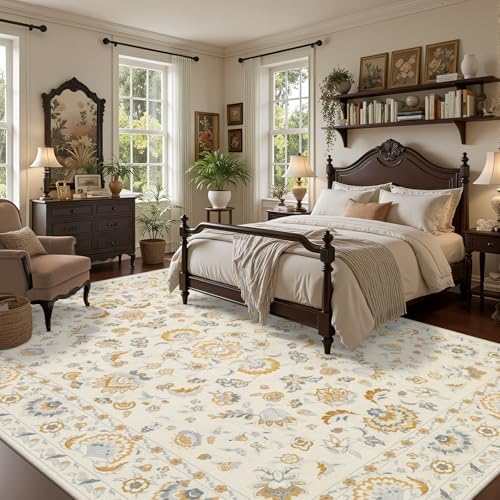 Area Rug 9x12 Living Room: Soft Floral Washable Boho Carpet Beige - Image 3