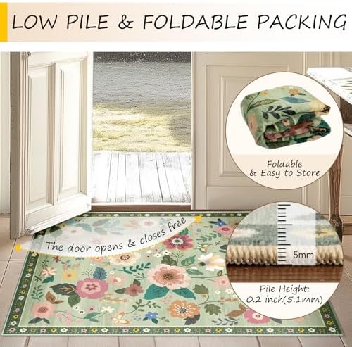 RELEANY Floral Washable Round 4ft Area Rug LightGreen - Image 4