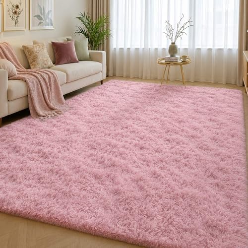 Light Pink Fluffy Area Rug 5x8 Ft, Washable for Living Room by OHWPEAT