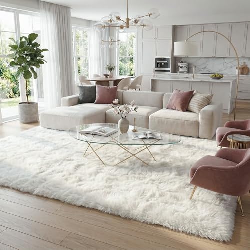8x10 Ft Cream White Fluffy Area Rug for Living Room, Washable - Image 4