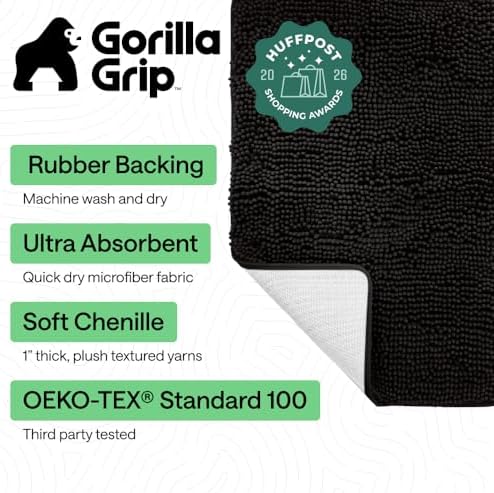 GORILLA GRIP Bath Rug Mat for Bathroom, Absorbent Chenille, 48x17 Black - Image 2
