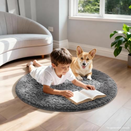 Ophanie Round Rug 2Ft Grey Circle Area Rug, Fluffy Fuzzy Bedroom Carpet, Plush Soft Shaggy Indoor Floor Gray Living Room Rugs for Kids Home Decor Aesthetic, Nursery - Image 5