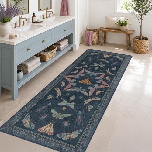 Vintage Navy Blue 2x5 Runner Rug, Washable Insect Carpet for Bathroom, Kitchen Floor & Hallway, Soft Low Pile Non Slip Bedroom Rug with Rubber Backing by HazoHaus
