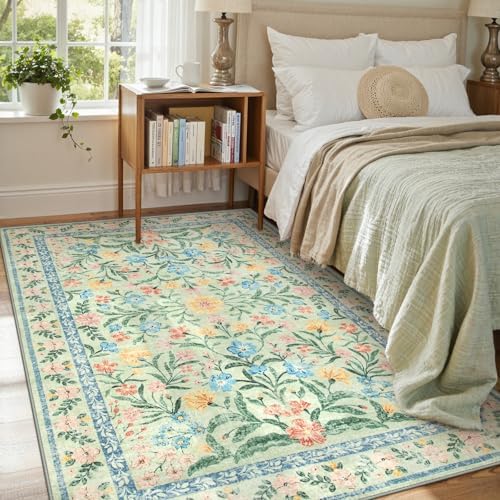 Lahome Washable Green Rug, 5x7 Whimsical Floral Rug for Nursery Classroom by Lahome