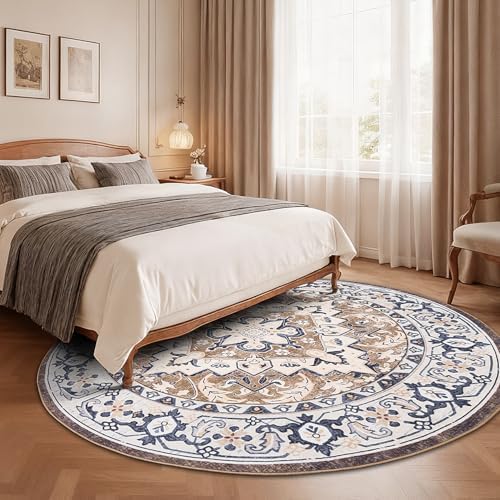 Lofus 6ft Round Area Rugs for Living Room, Vintage Boho Carpet Floral Brown - Image 2