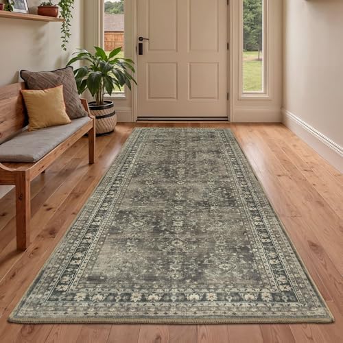 Lessymo Runner Rugs 2x6 ft, Vintage Brown Machine Washable Rug for Hallway Kitchen Bedroom, Non Slip Low Pile Soft Long Area Rug, Distressed Boho Floral Accent Carpet by Lessymo