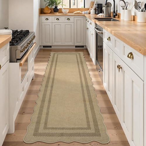 LIVEBOX Scalloped Washable 2x8 Kitchen Runner Rug, Easy Jute Geometric Tan Rugs for Hallway Runner Entryway, Indoor Outdoor Non Slip Rug Farmhouse Modern Carpet Door Mat for Porch Laundry Room - Image 2