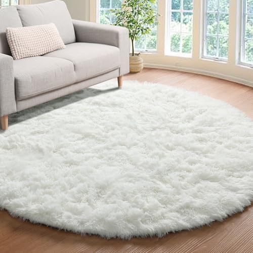 Cream White Fluffy Round Rug Circle Area Rugs 4ft for Kids Teen Bedroom by ONASAR