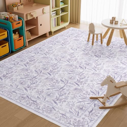 DUKINO 9x12 Area Rug for Living Room, Vintage Floral Washable Rug, Purple - Image 5