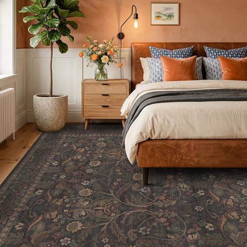 9x12 Botanical Big Rugs for Living Room, Machine Washable Soft Flower Area Rugs for Bedroom, 9 by 12 Dining Room Rugs for Under Table Non Slip (Dark Brown & Olive) - Image 3