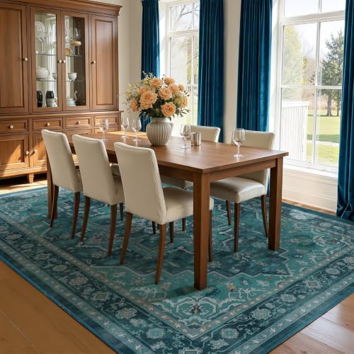 Washable Large Area Rug 10'x12' Living Room, Vintage Medallion, Teal - Image 4