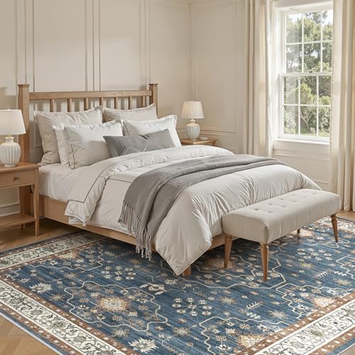7x9 Area Rug for Living Room- Machine Washable Soft Oriental Vintage Large Indoor Floor Carpet for Bedroom Under Dining Table Home Office Decor - Dark Blue - Image 4