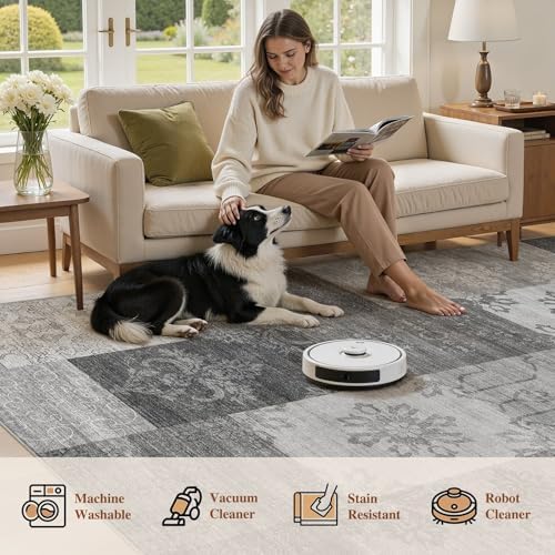 UERMEI 6x9 Area Rug for Living Room - Washable Vintage Carpet, Non-Slip Soft Large Indoor Floor Rugs for Bedroom Home Office & Under Dining Table Decor, Gray Block - Image 4