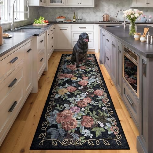 Washable 2x6 Runner Rug, Navy Boho Floral Non-Slip for Hallway, Kitchen by GERUIMO