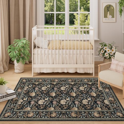 DUKINO 3x5 Rug, Washable Vintage Floral Bedroom Area Rug Non Slip, Black - Image 3