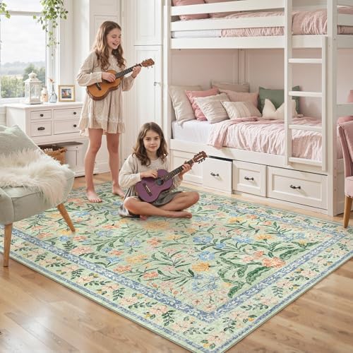 Lahome Washable Green Rug, 5x7 Whimsical Floral Rug for Nursery Classroom - Image 3