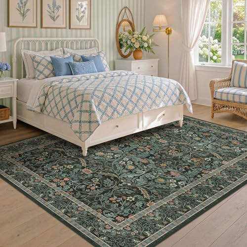 Dark Green 5x8 Dining Room Rug, Floral Washable Soft Non Slip Area Rugs for Living Room Bedroom Home Office Classroom, Vintage Indoor Décor, Botanical Pattern (Olive Green) - Image 6