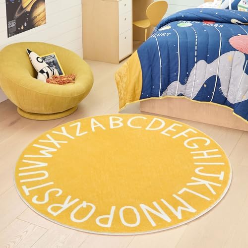 Topotdor Round ABC Area Rug,63 Inch Soft Floor Carpet,Yellow - Image 2