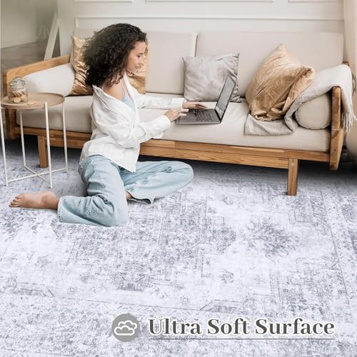 XLUEZ Area Rug 8x10 Living Room Rug, Machine Washable Vintage Distressed Medallion Rug Non-Slip Soft Low Pile Large Indoor Rugs for Bedroom Kitchen Dining Room Office(LightGrey,8'x10') - Image 4