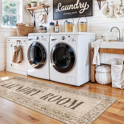 Non Slip Laundry Room Rug - 20x60 Farmhouse Washable Carpet Ultra Soft Duable Floor Mat for Mudroom Washroom Bathroom 20"x60" Natural Wood Brown - Image 2