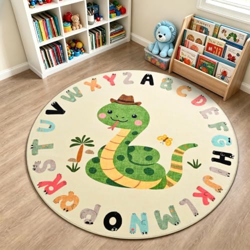 TWINNIS Kids Animal Print Round Rug for Playroom, Alphabet Washable Area Rugs for Boy Girl Baby Toddler Children, 4x4 Cute ABC Mat Play Carpet Nursery Bedroom Decor, Snake by TWINNIS