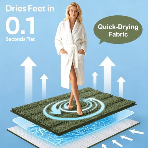 Christmas Striped Olive Green Bathroom Rug Mat Set 2 piece 32"x20"+60"x20" Ultra Soft, Non Slip Chenille Bath Rugs, Absorbent Plush Shaggy Bath Mats for Bathroom, Bedroom, Kitchen, Shower, Tub - Image 3