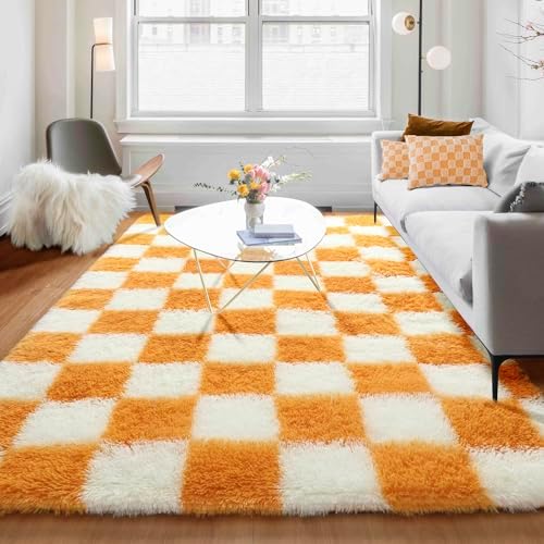 KICMOR Soft Fluffy 5x8 Orange and Cream White Rugs Living Room Carpets, Large Fuzzy Checkered Shag Area Rug Big Carpet for Bedroom, Indoor Plush Shaggy Rug for Nursery Teen Boys Girls Room Decor by KICMOR