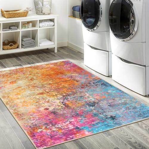 Lahome Modern Abstract Area Rug - 3x5 Washable Kitchen Rugs Colorful Bedroom Rug Non Slip Entryway Rugs, Rainbow Contemporary Indoor Floor Accent Carpet for Kitchen Sink Living Bathroom Doorway - Image 7