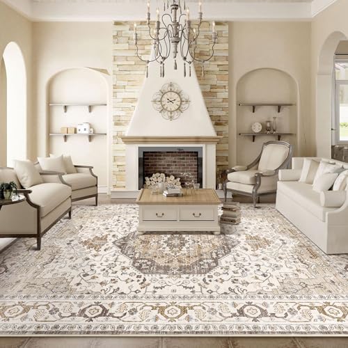 Vintage 10x14 Rugs for Living Room Washable Area Rug Camel/Beige - Image 6